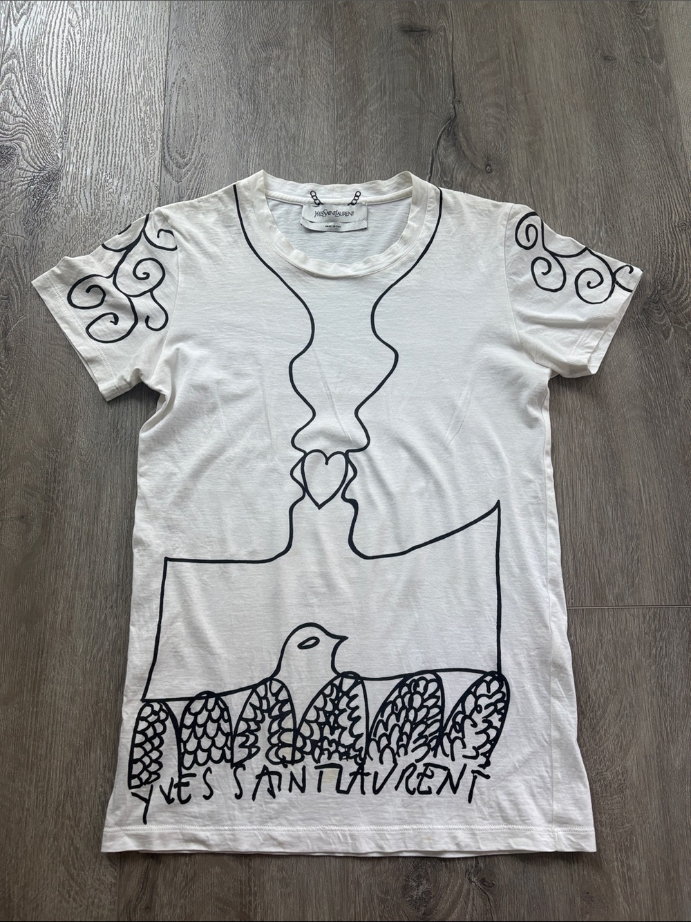 Yves Saint Laurent White Cotton Short-Sleeve Tee with Black Line Art